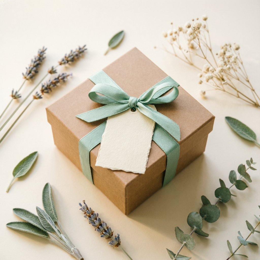 Caja de regalo kraft con moño de listón verde menta y etiqueta de papel sobre fondo crema