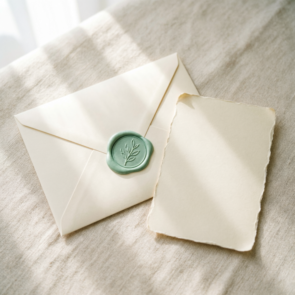 Suite de invitación de boda con sobre crema y sello de lacre verde menta sobre lino
