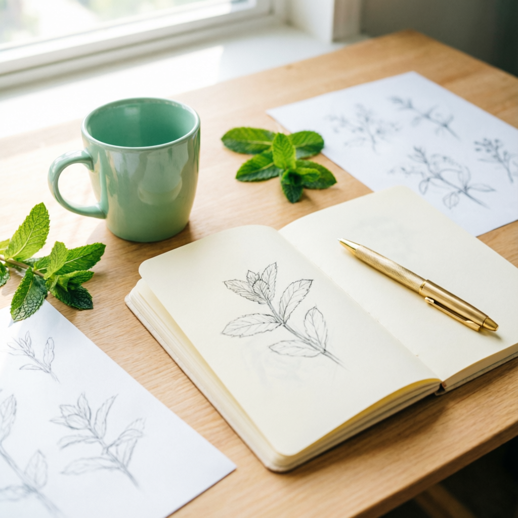 Escritorio de estudio creativo con taza verde menta, cuaderno abierto con ilustración botánica, pluma dorada y hojas de menta fresca