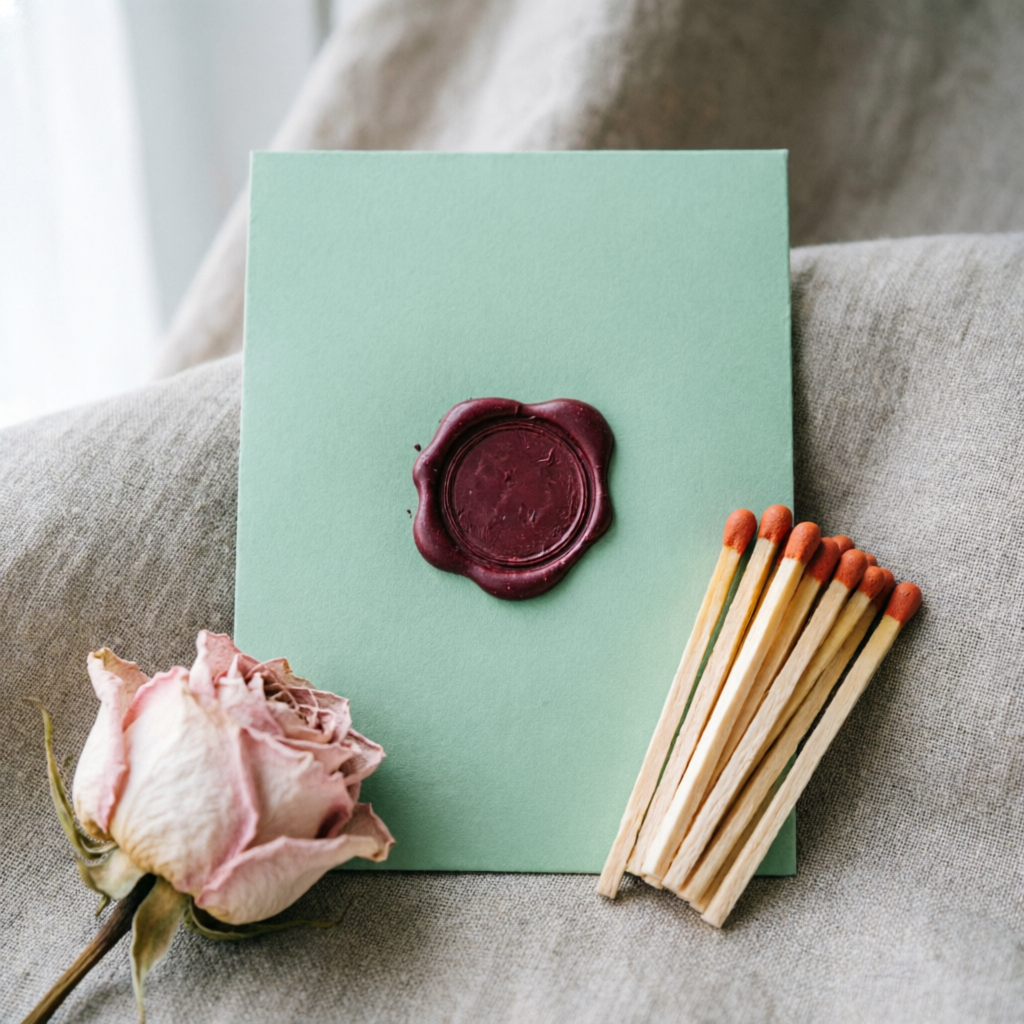 Kit de evento con tarjeta verde menta, sello de lacre, fósforos y flor seca rosa sobre lino