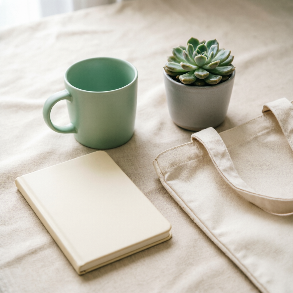 Kit de bienvenida corporativo con taza verde menta, cuaderno crema, bolsa de tela y planta suculenta
