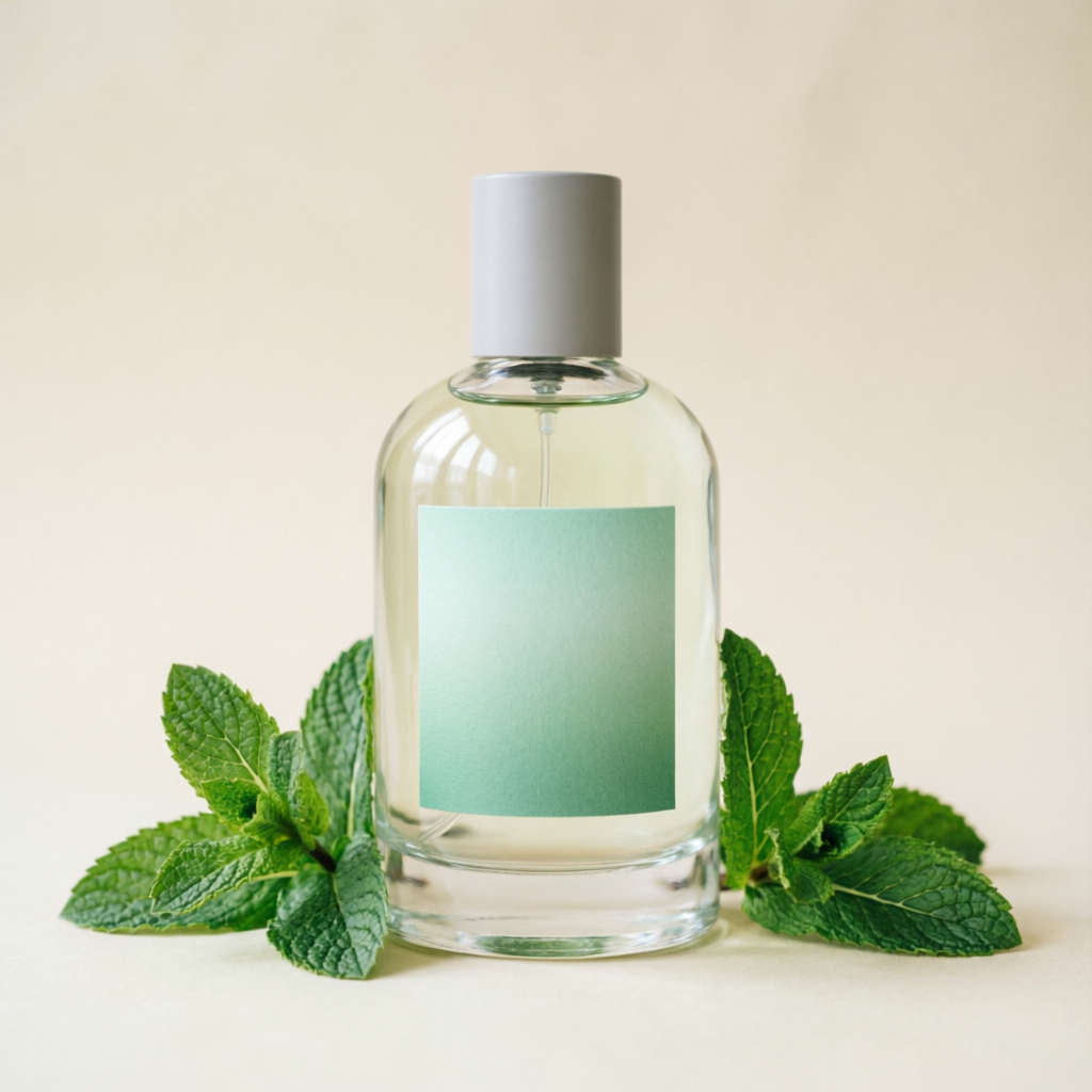 Frasco de perfume artesanal con etiqueta minimalista verde menta y hojas de menta fresca