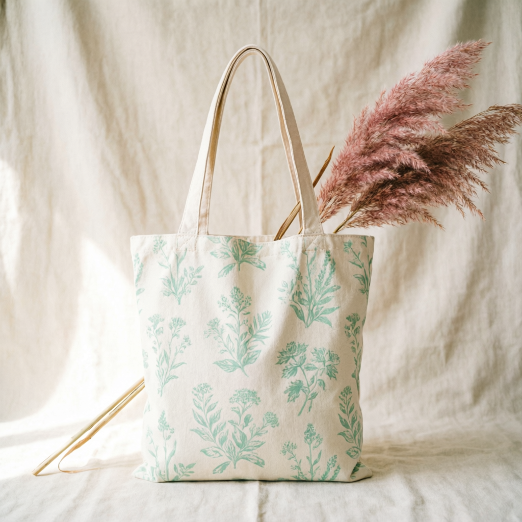 Bolsa de tela color crema con estampado botánico verde menta junto a pampas secas