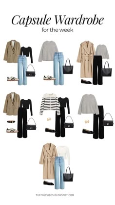 A capsule wardrobe flat lay showing mix-and-match neutral outfits