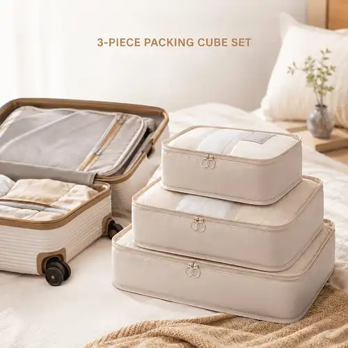 A carry-on suitcase with a neat set of packing cubes on a bed