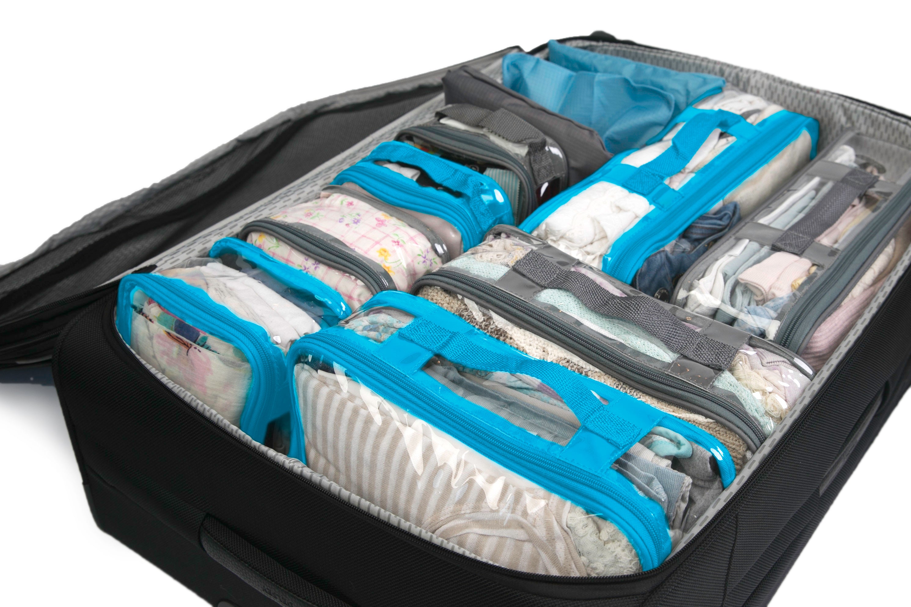 A suitcase neatly organized with blue packing cubes