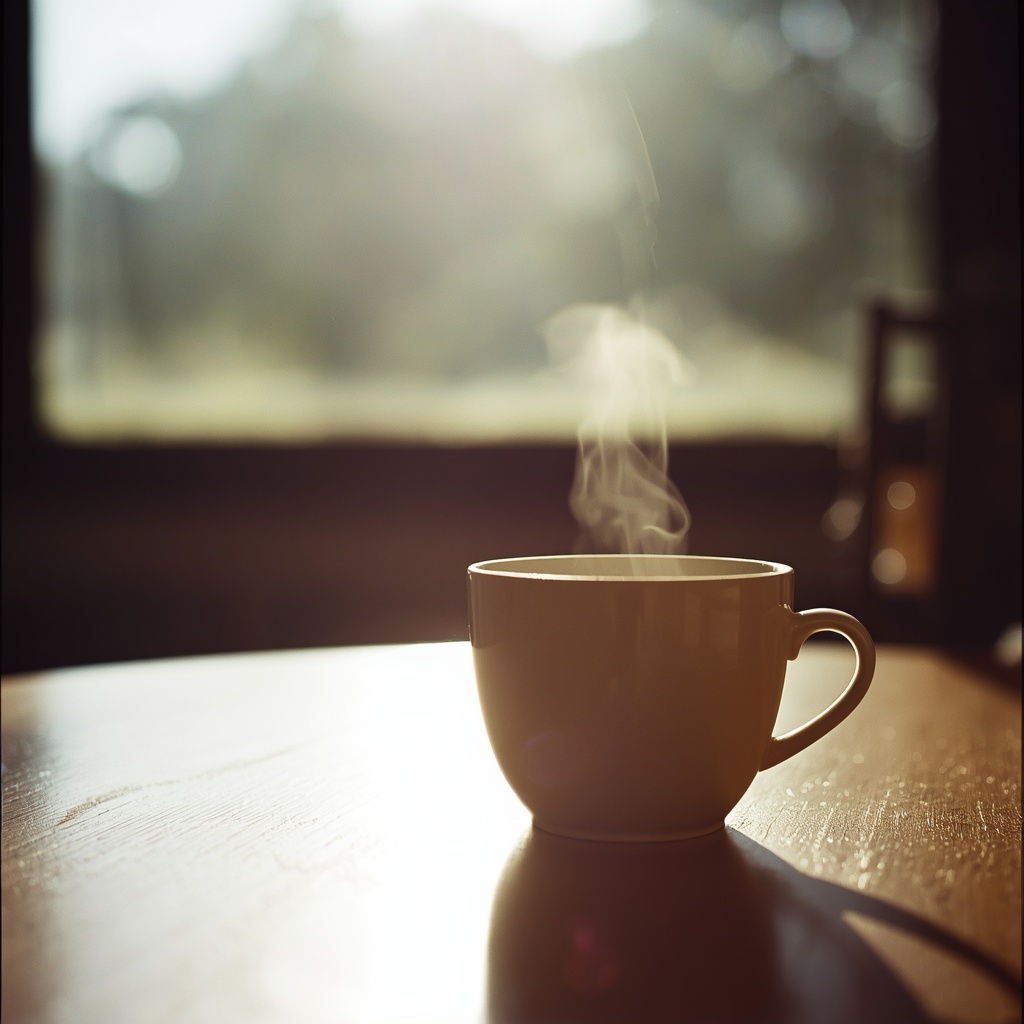A steaming cup of coffee silhouetted against a bright window