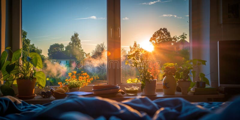 Morning sun rising through a bedroom window over plants