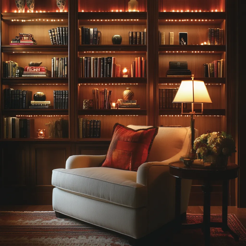 A cozy reading armchair with a warm lamp and bookshelves