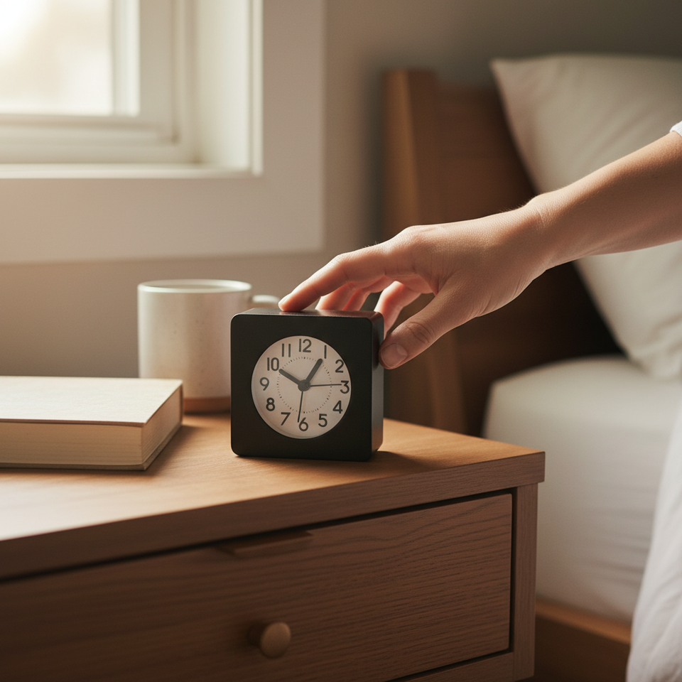 A hand reaching to an alarm clock on a sunny morning nightstand