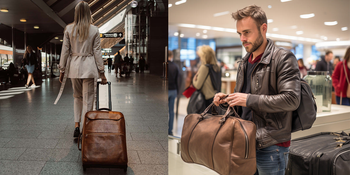 Split image of a rolling carry-on and a personal-item duffel at the airport