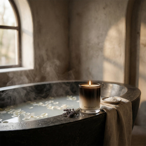 A steaming warm bath with a lit candle beside it