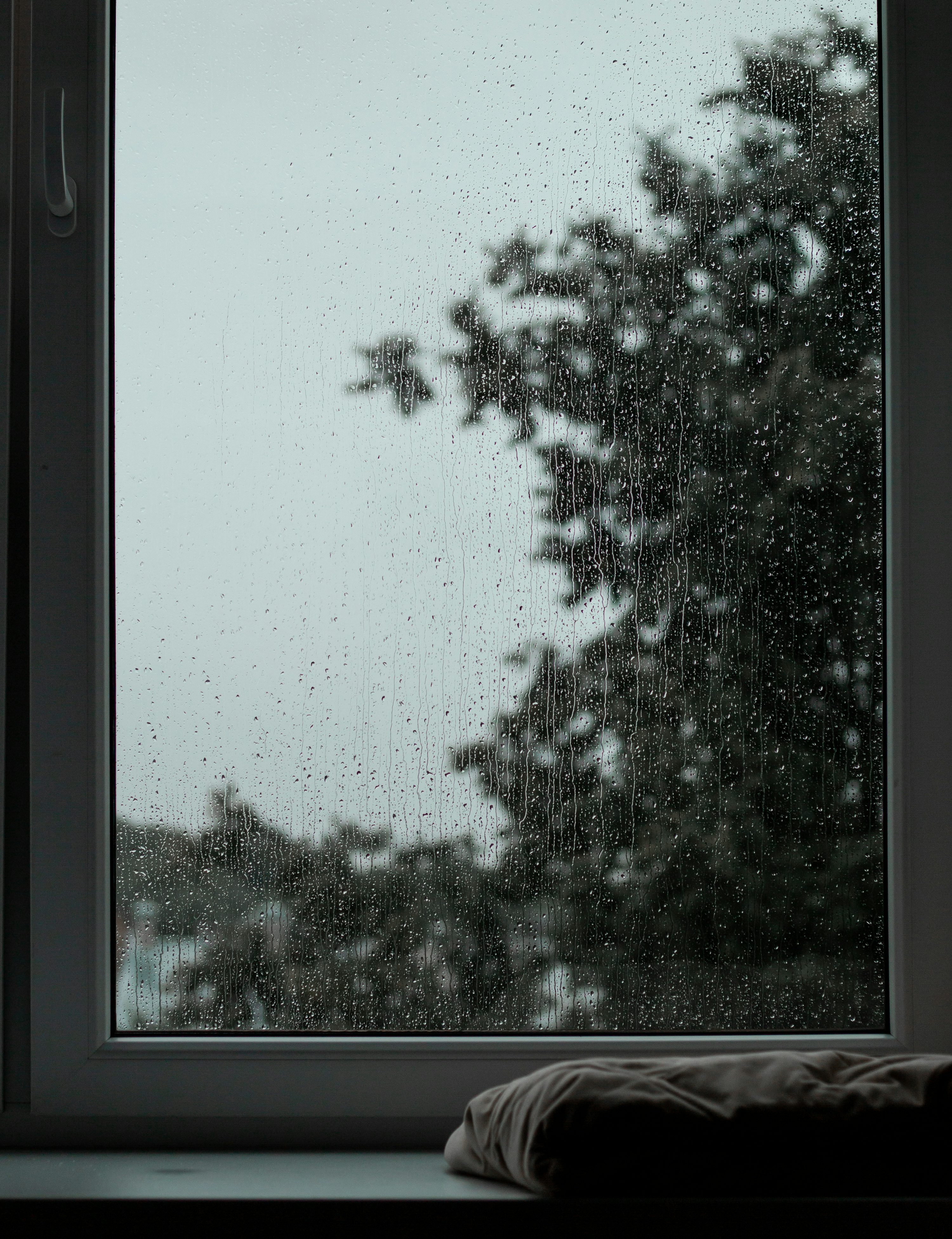 A cool, dim bedroom window with rain on the glass