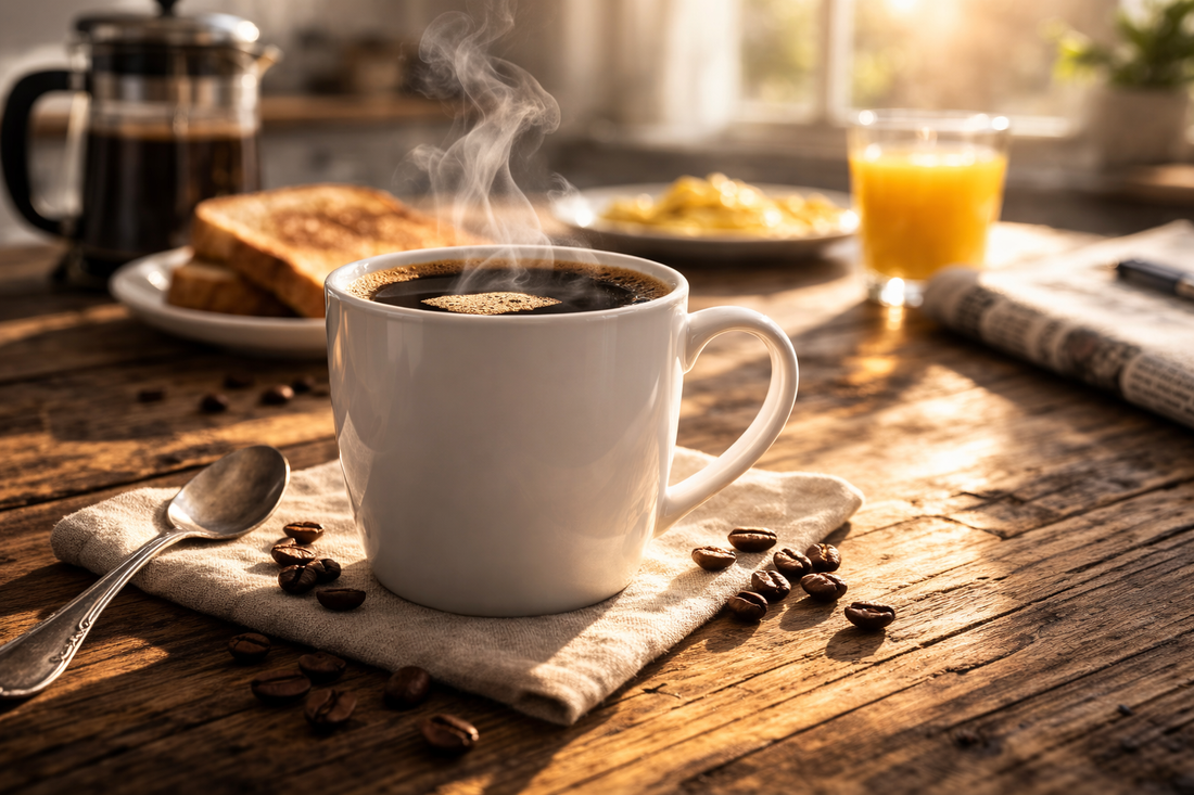 A steaming cup of coffee on a wooden breakfast table in morning light