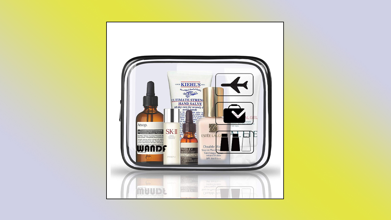 A clear quart-sized toiletry bag filled with small travel bottles