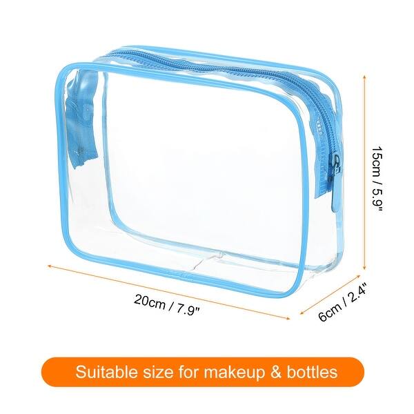 A clear quart-size travel bag with dimensions marked