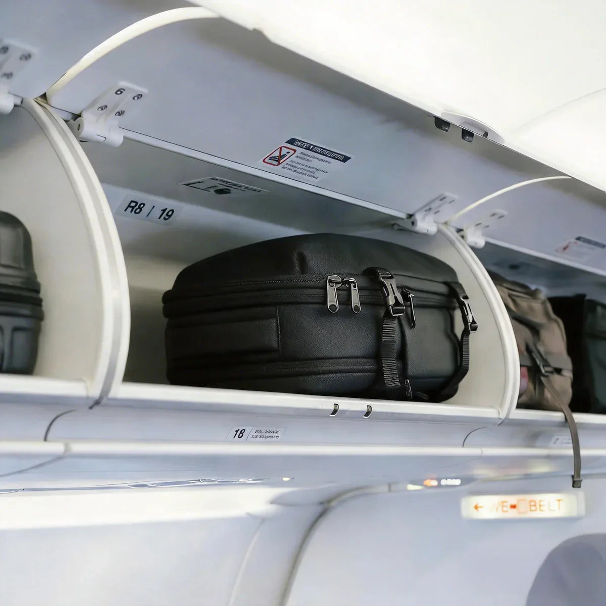 A carry-on backpack stowed in an airplane overhead bin