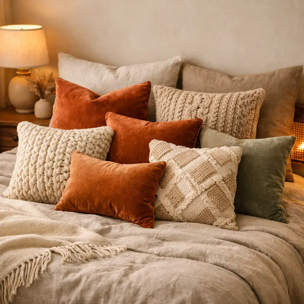 A bedside table with a warm, dim lamp and soft pillows
