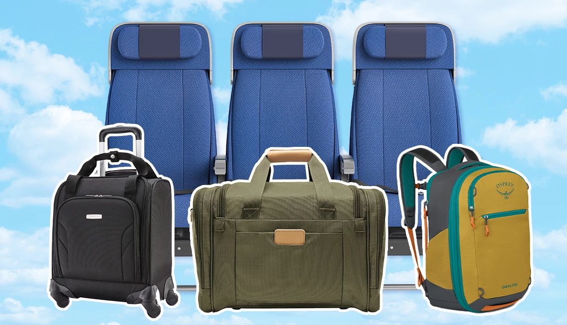 Under-seat bags and a backpack shown in front of airplane seats