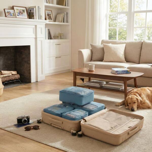A living room with an open suitcase, packing cubes, camera and sunglasses laid out