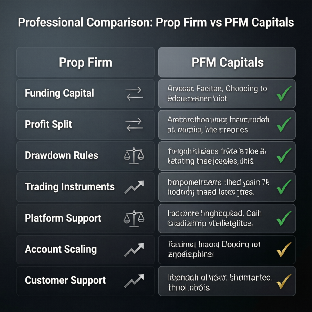 Professional comparison between traditional prop firm approach and PFM Capitals funded account management services