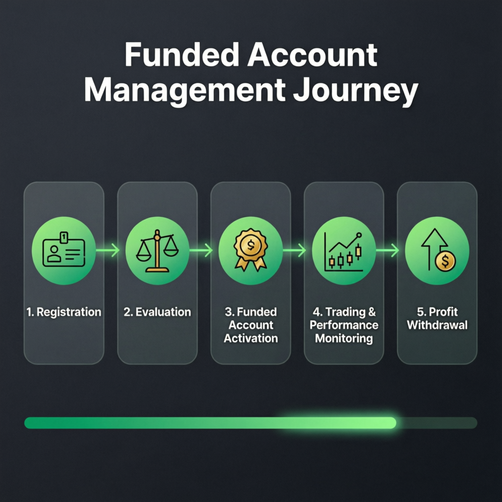 Funded Account Management Journey flowchart showing the step-by-step process from registration to profit withdrawal