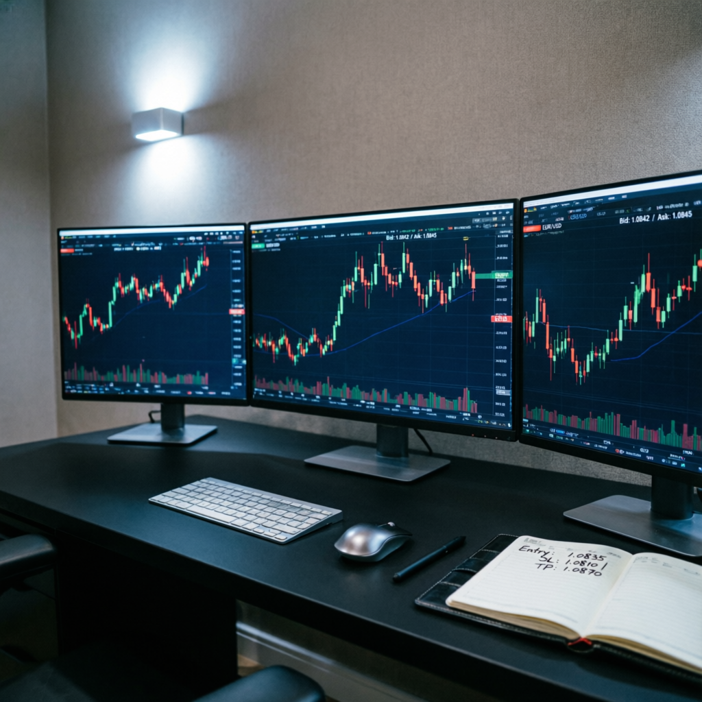 Professional forex trading workspace with multiple monitors showing candlestick charts for prop firms passing service