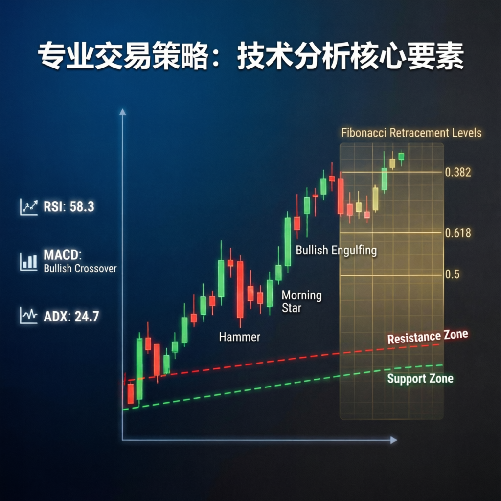 Professional trading strategy infographic showing technical analysis indicators and candlestick patterns