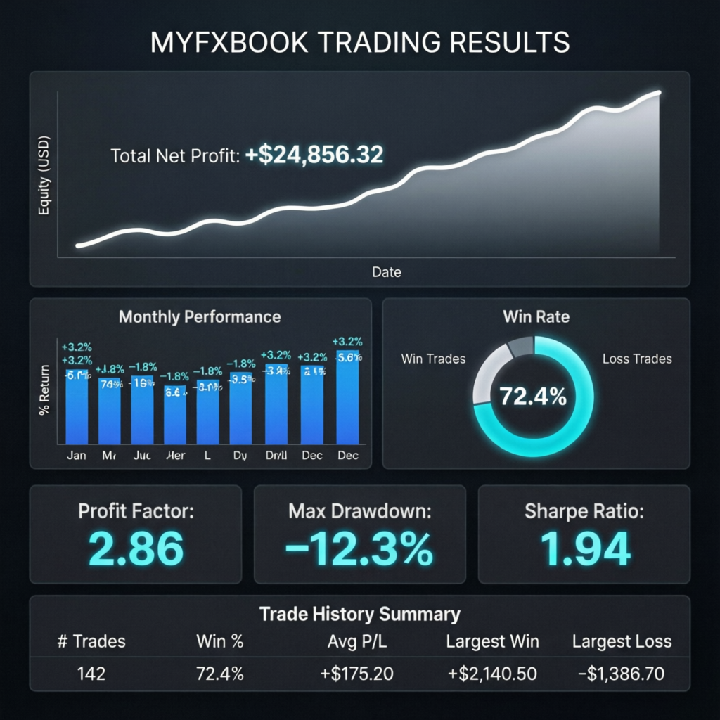 Myfxbook trading results showing equity curve, win rate, profit factor, and performance metrics