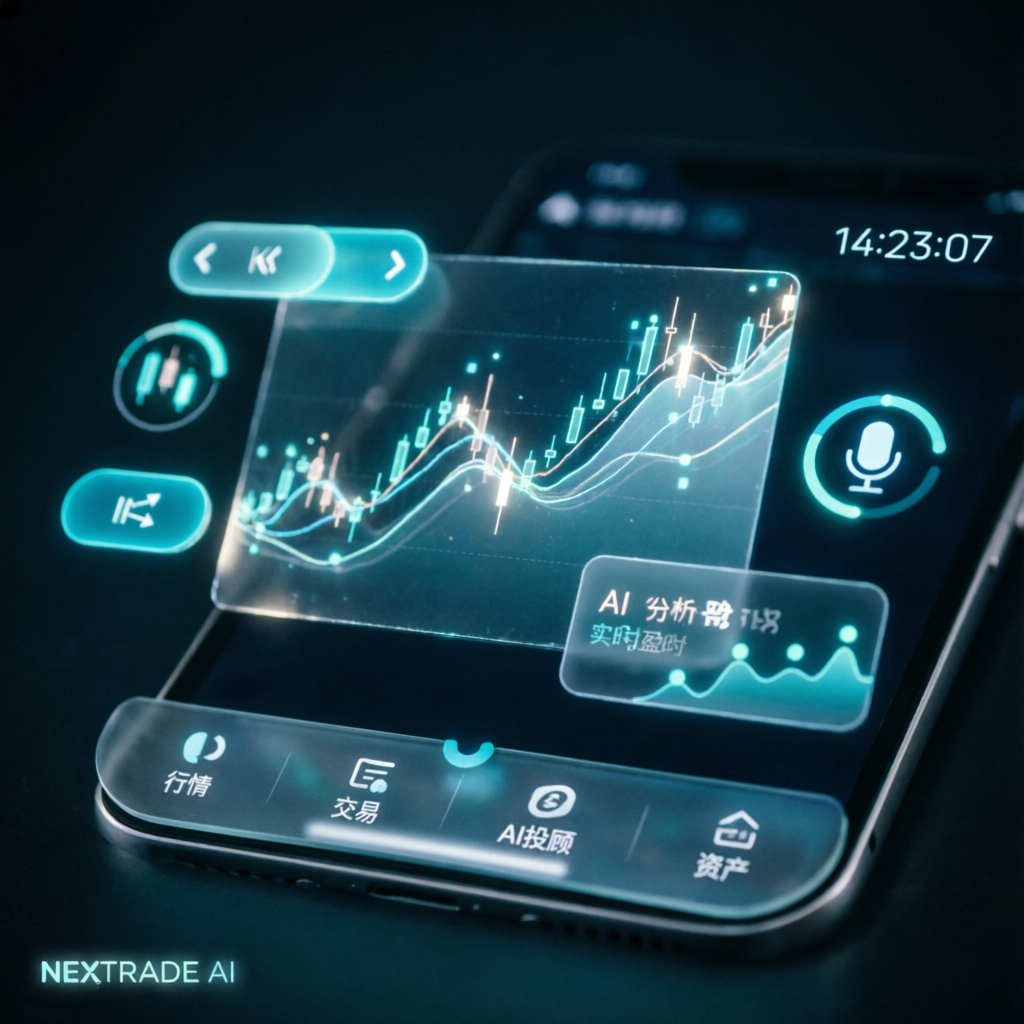 Futuristic mobile trading app with AI analysis and holographic financial charts