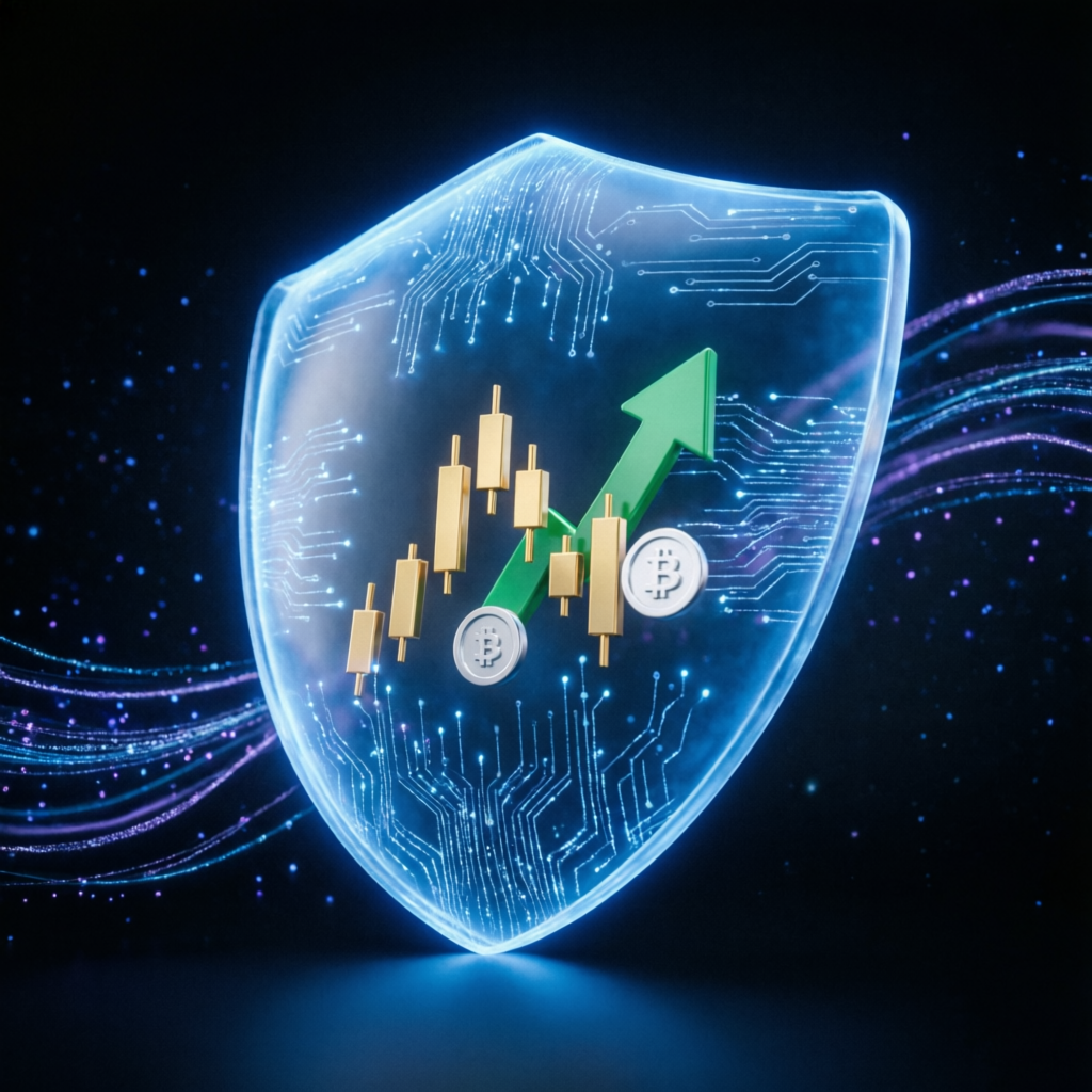 Futuristic risk management shield protecting trading capital with candlestick charts