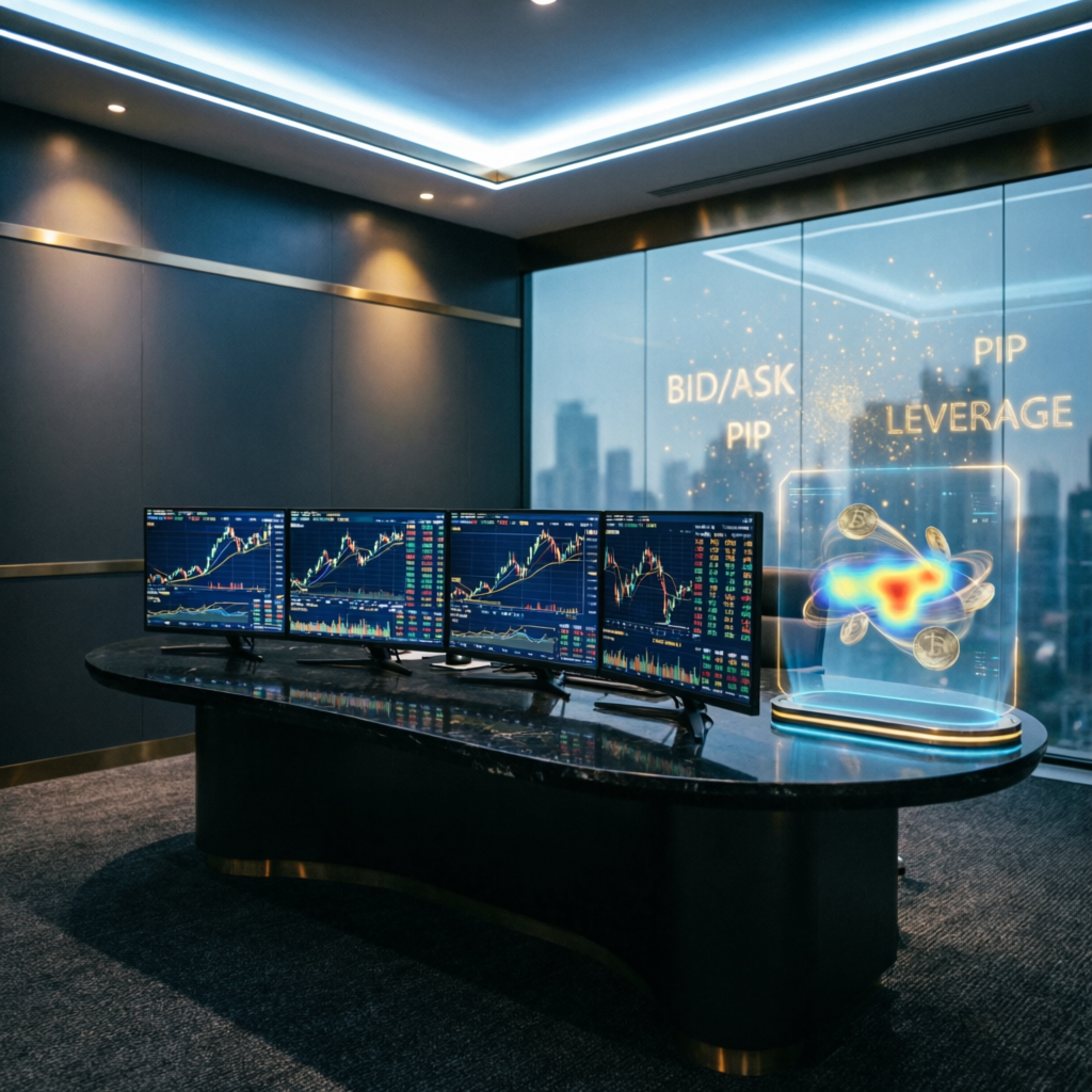 Professional forex trader workspace with multiple monitors showing Topstep trading charts