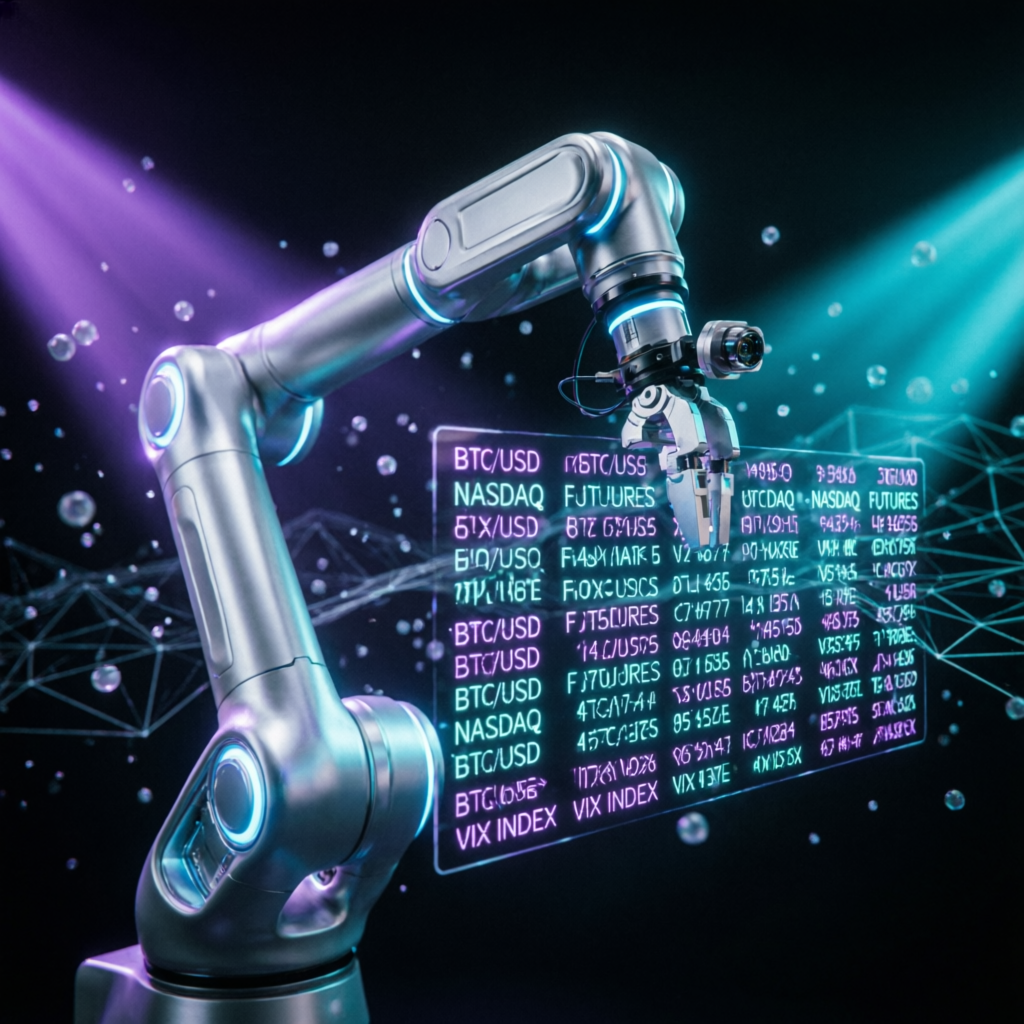 AI automated trading robot executing trades with holographic financial data display