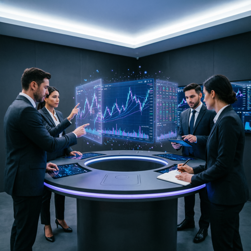 Professional prop firm trading team collaborating around holographic trading displays