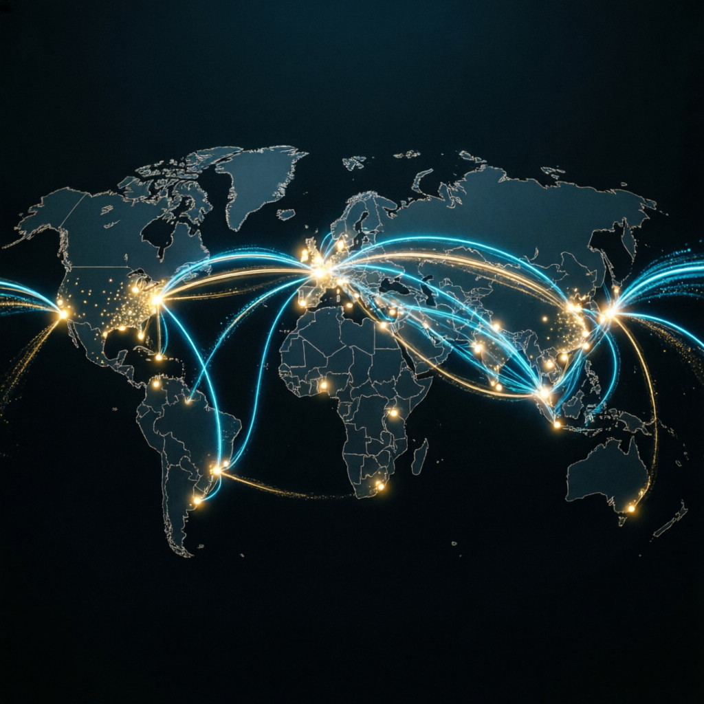 Global forex market network with trading connections across worldwide financial centers