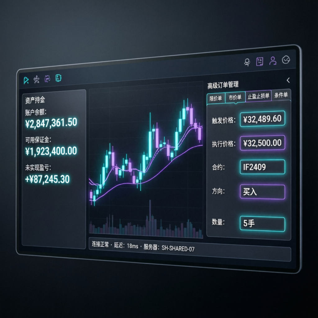 Advanced futures trading platform interface with order management and candlestick charts