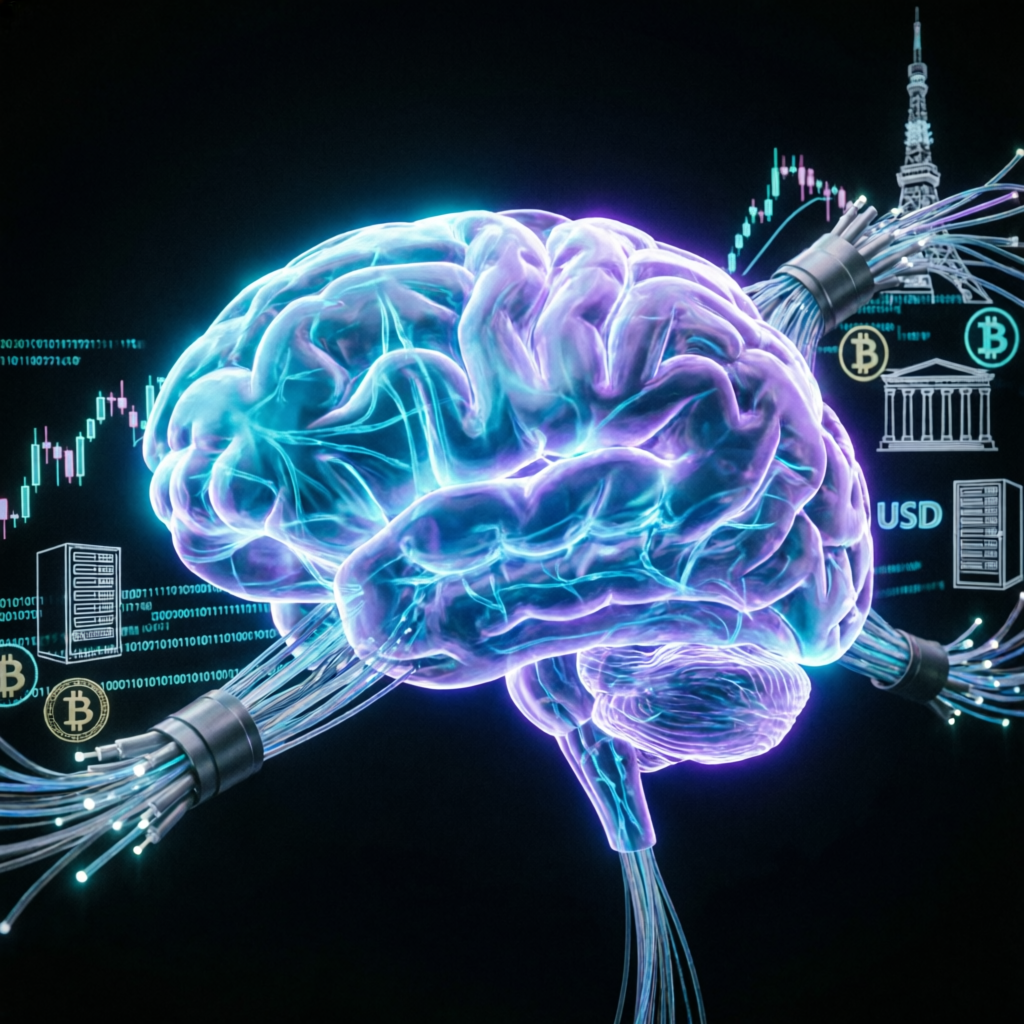 AI brain neural network connected to financial trading systems representing Topstep technology