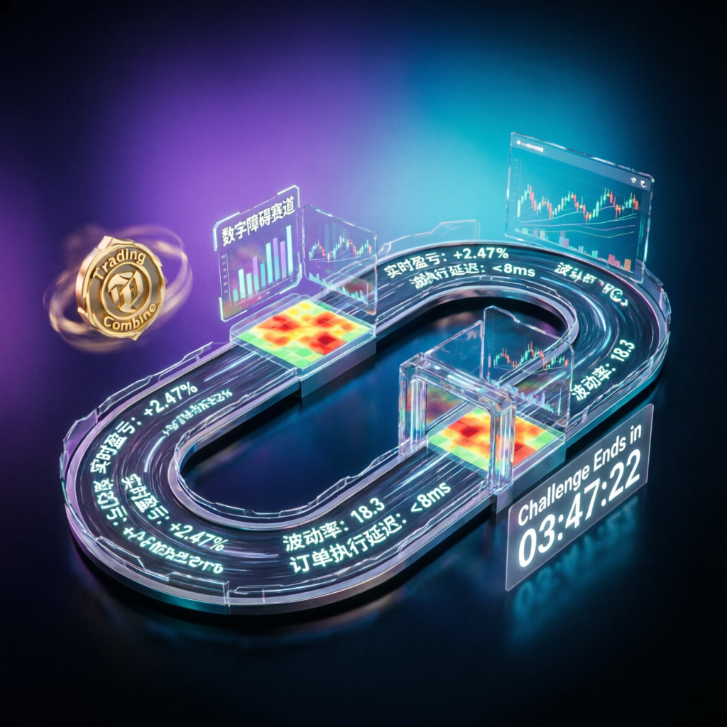 Futuristic trading combine challenge visualization with holographic metrics