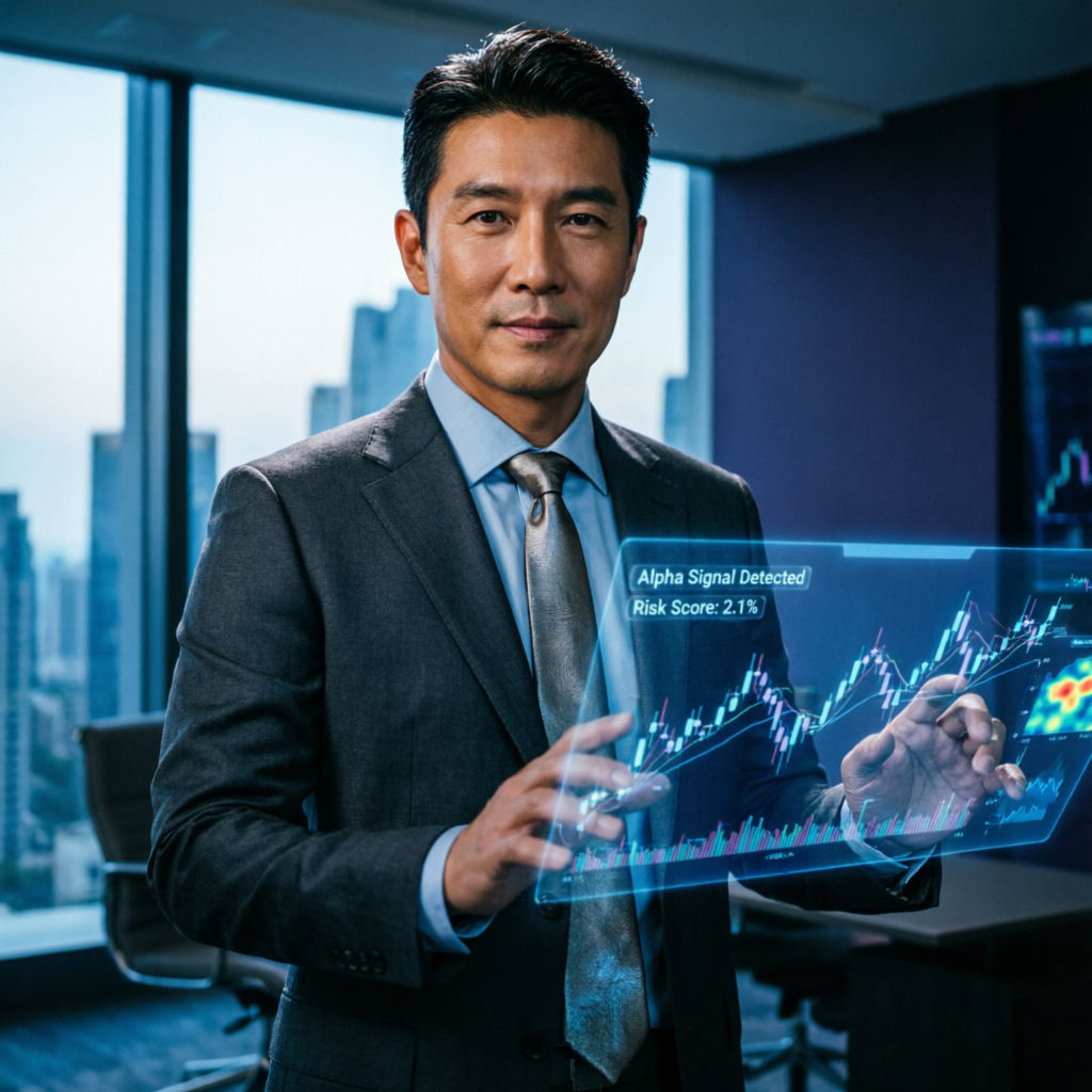 Professional trader with AI risk management interface