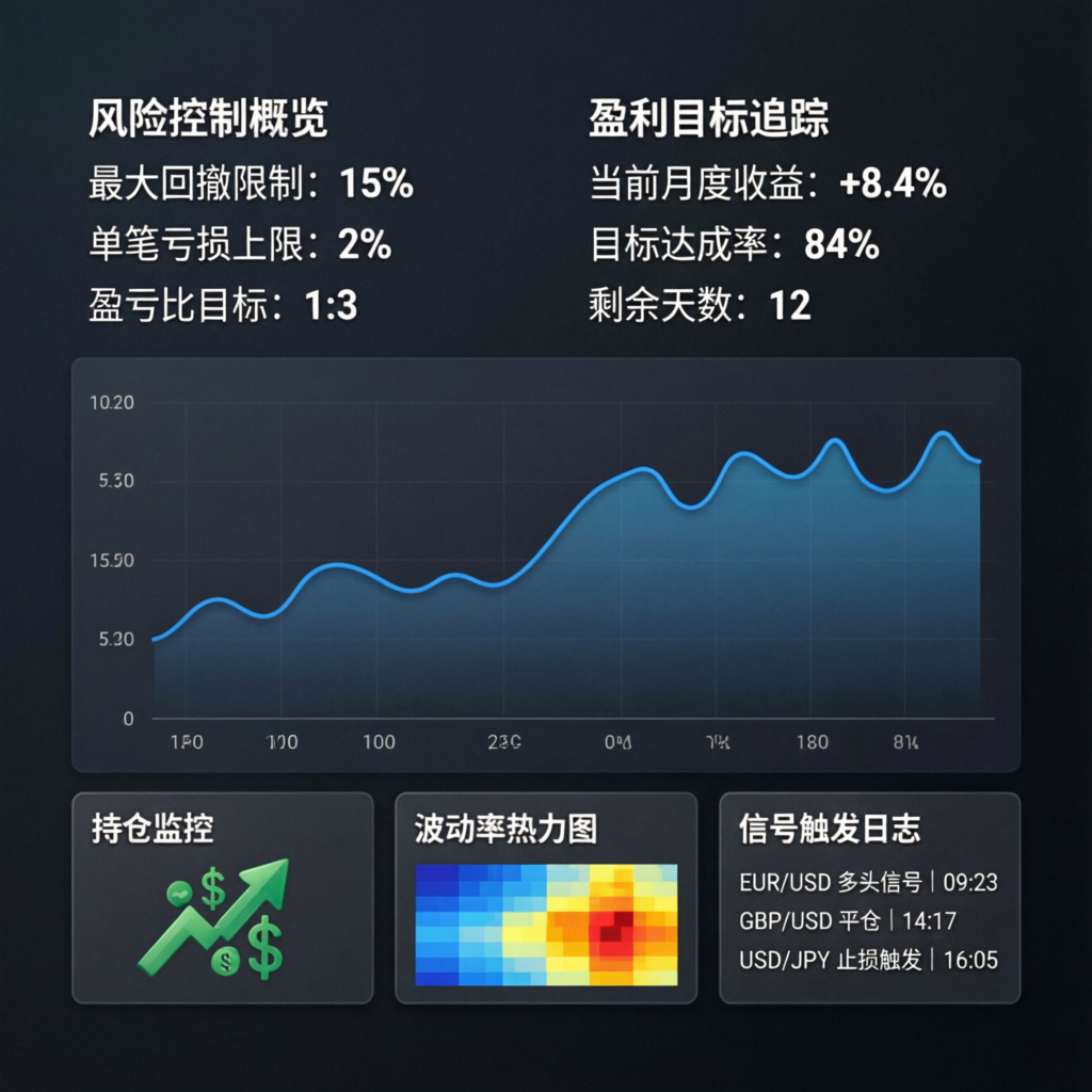 Professional forex trading strategy analysis dashboard showing risk management metrics
