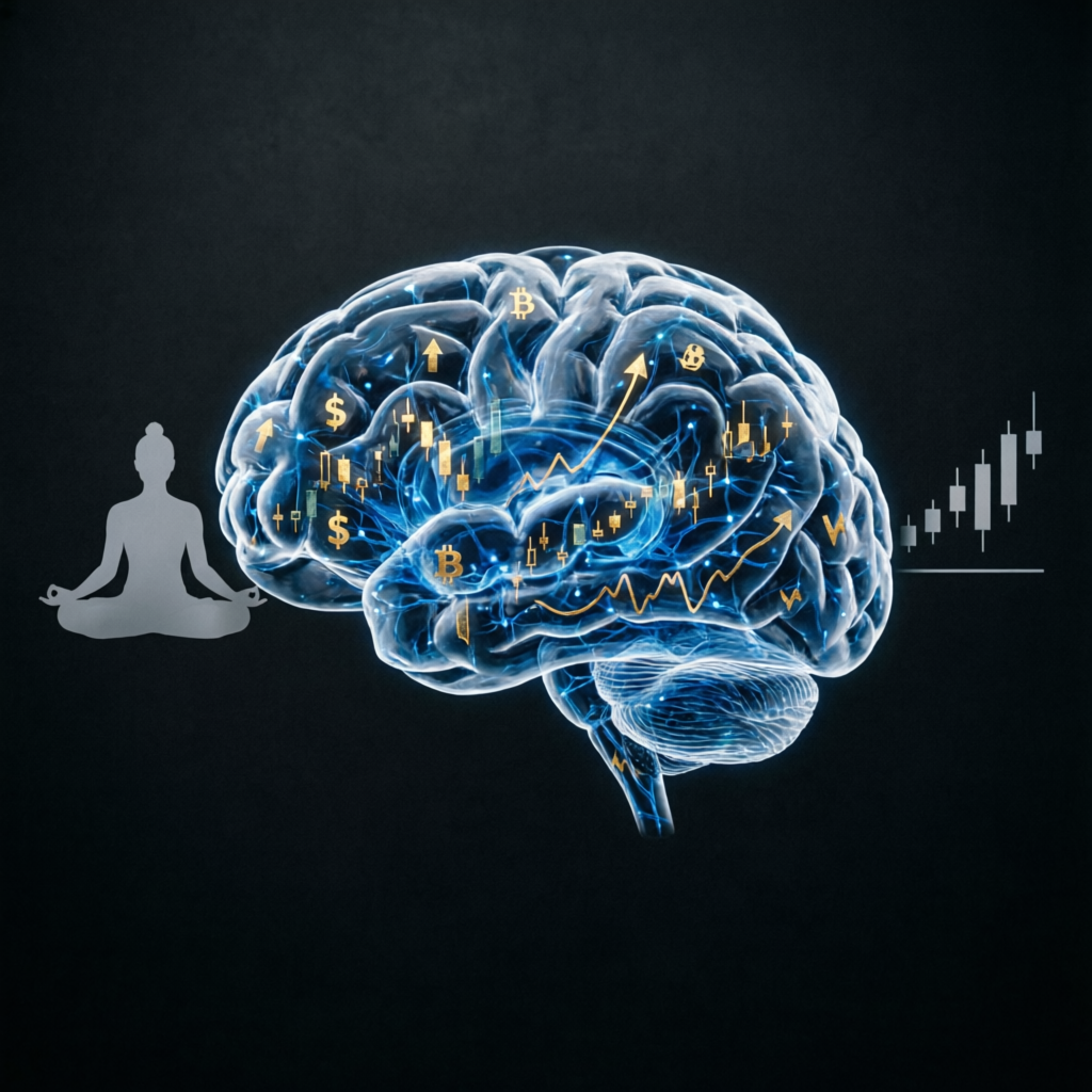 Trading psychology visualization showing calm focused trader mindset