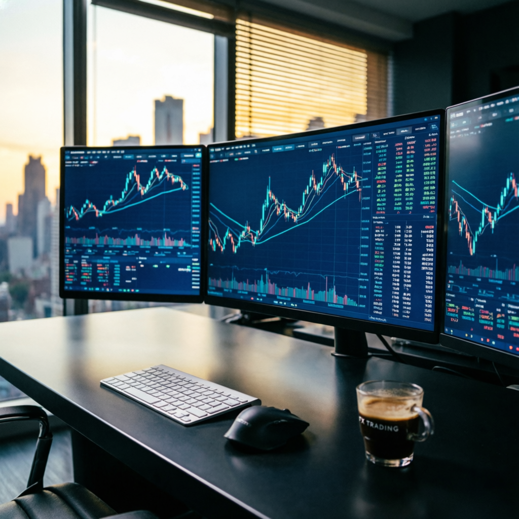 Professional trading desk with multiple monitors displaying forex charts and analytics