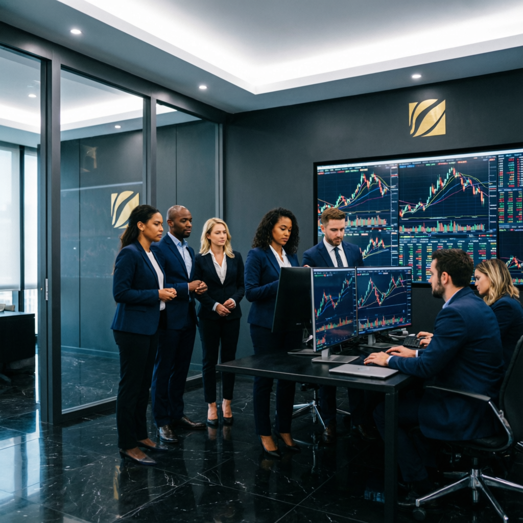 Professional team of expert forex traders collaborating in modern financial office