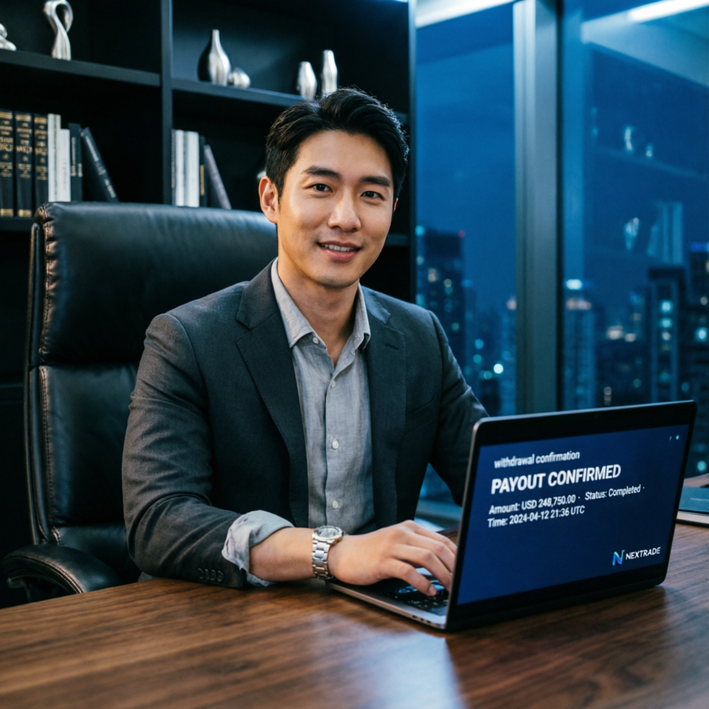Professional trader receiving Apex Trader Funding payout confirmation on laptop