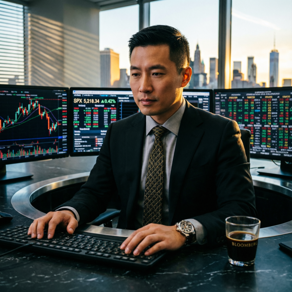 Professional Apex Trader Funding evaluation trader at multi-monitor desk
