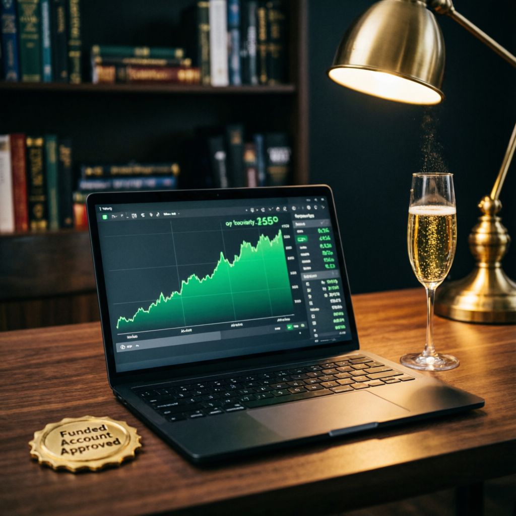 Funded account success with profitable trading results and champagne celebration