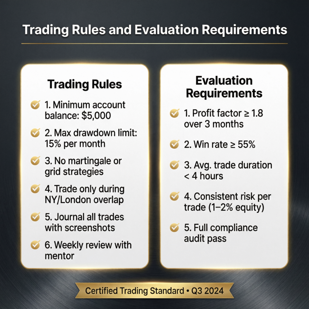Apex Trader Funding trading rules and evaluation requirements infographic