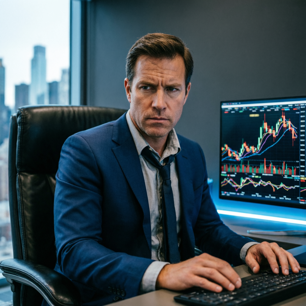Professional futures trader analyzing Apex evaluation account charts on multiple monitors