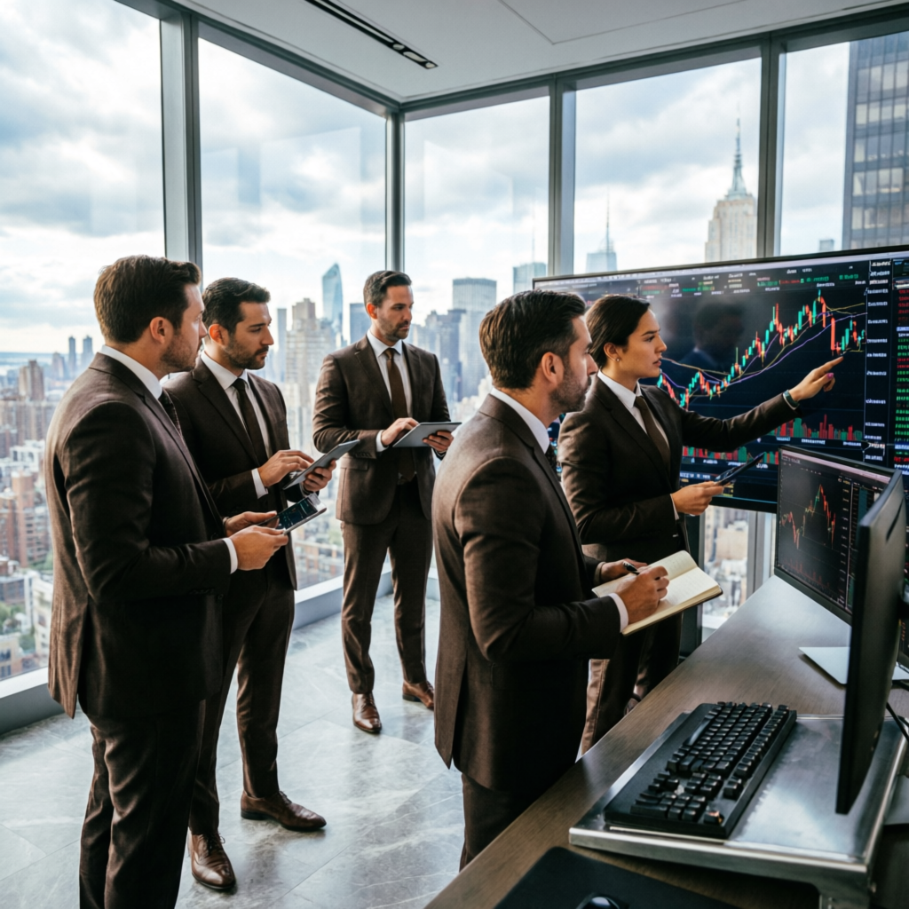 Professional prop firm trading team collaborating in modern Wall Street office