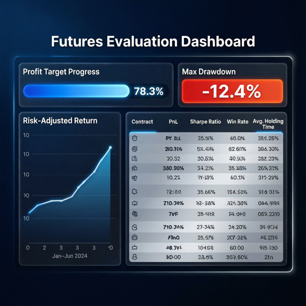 Apex Trader Funding futures evaluation dashboard showing profit target progress and drawdown metrics